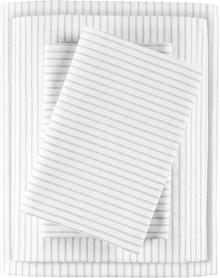 Madison Park 100% Cotton Sheets, King Size, 200TC, Grey Stripe, 4 Piece