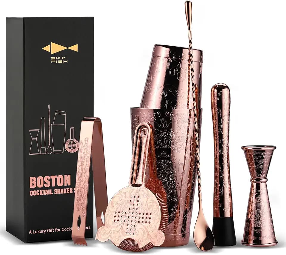 Sky Fish Cocktail Shaker Set, Ätzen Cocktail Shaker Kit in Geschenkbox 7er Set, Handwäsche (Roségold)