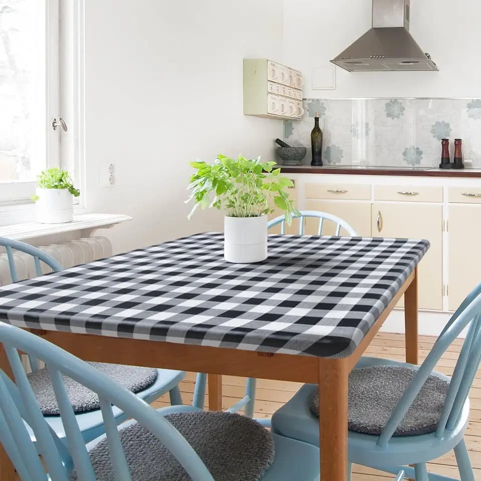 Sorfey Kitchen Tablecloth -Fitted with Elastic, Vinyl with Flannel Back, Fits for Table 36" w x 96" L Rectangle,Water Proof, Easy to Clean, Checked Black Design