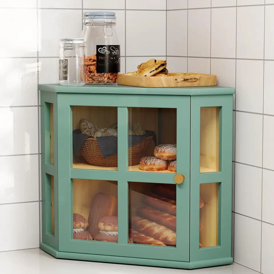 HOLTICO Bamboo Corner Bread Box for Kitchen Countertop with Acrylic Door