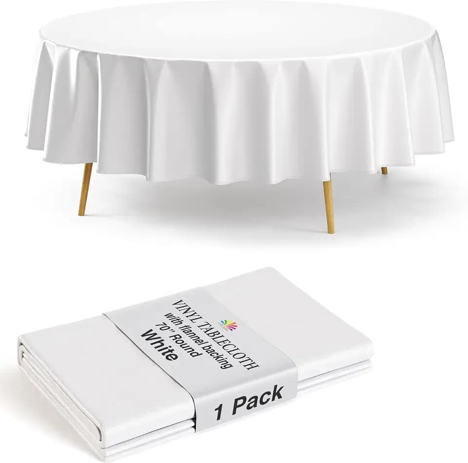 Exquisite White Vinyl Tablecloths - 70 in. Round - Pack of 1 Round Tablecloth with Flannel Backing - Plastic, Reusable & Waterproof