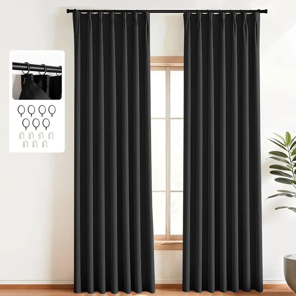 MaKefeile Pinch Pleated Curtains Blackout Two Pages Pinch Pleated Drapes for Bedroom Living Room,Black Liner Thermal Insulated Draperies with Hooks&Curtain Ring W40 x H102 Inch Black