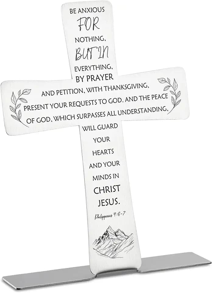 Christian Sign with Bible Verse, Philippians 4:6-7, Be Anxious for Nothing, Do Not Be Anxious, Baptism Gifts, Christian Home Decor, Cross Sign for Desk Decor - FSB086