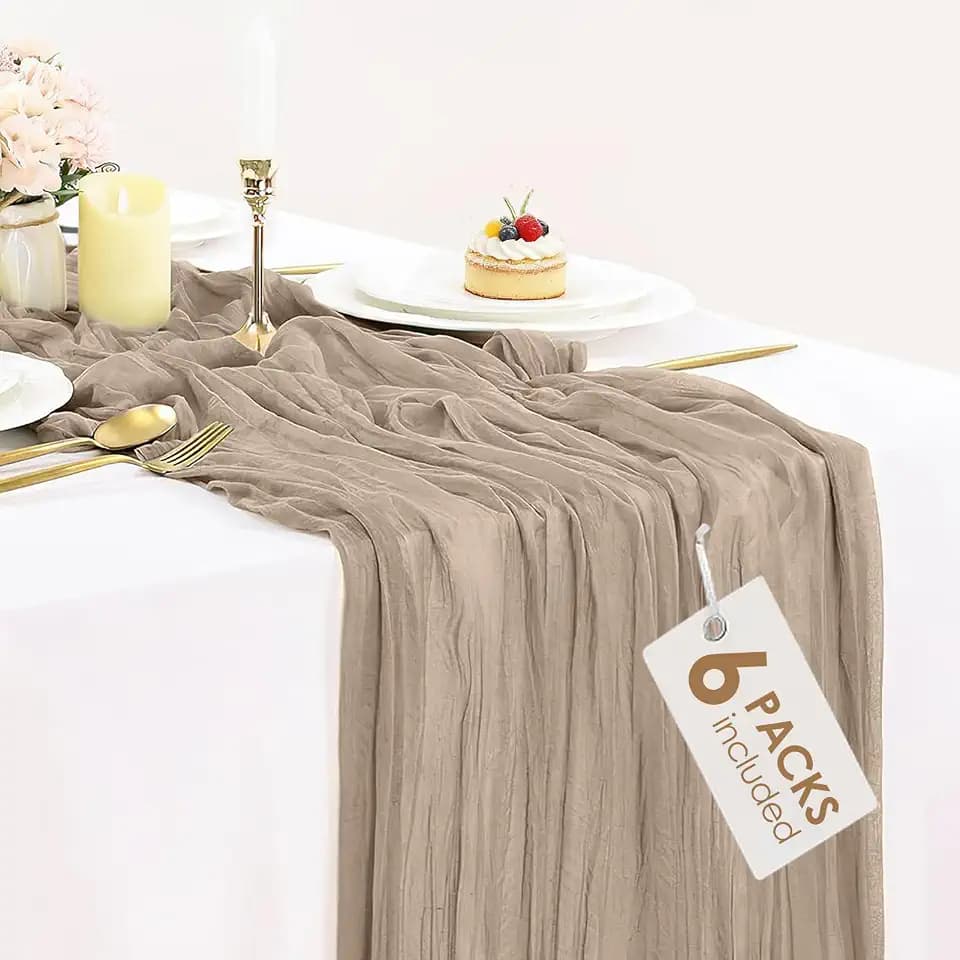 BLUETOP 6 Pack Nude Cheesecloth Table Runner,10ft Light Brown Gauze Cheese Cloth Table Runner Boho Chese Table Cloth for Wedding Party Bridal, Baby Shower Table Decorations