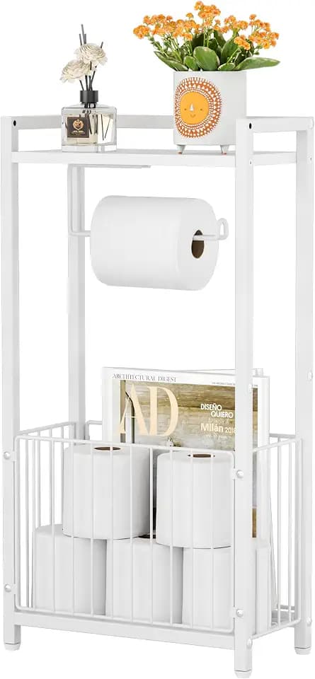 Freestanding Toilet Paper Holder with Storage Shelf, White