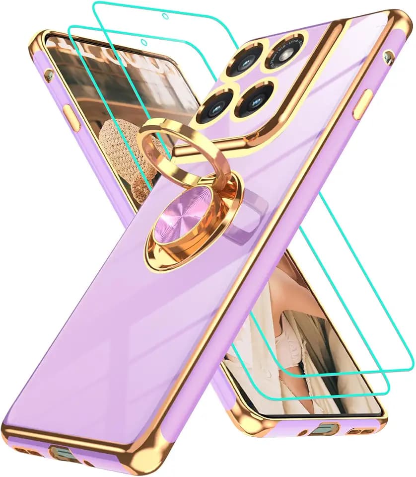 Gritup for Moto-Edge-2025 Case: Motorola Edge 2025 Case | 2Pcs Screen Protector, 360° Rotation Ring Holder Magnetic Kickstand,Plating Gold Edge Soft TPU Protective Cover, Light Purple