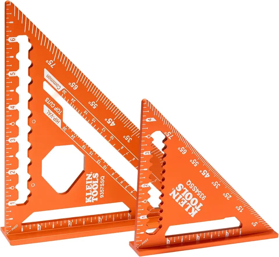 Klein Tools 93547SQVP Trim and Rafter Square Kit, 2-Piece, 4-1/2 and 7-Inch, Carpenter Square Set with Preset Angle Guide, Measuring Tools with Dual Reference Base for Carpentry
