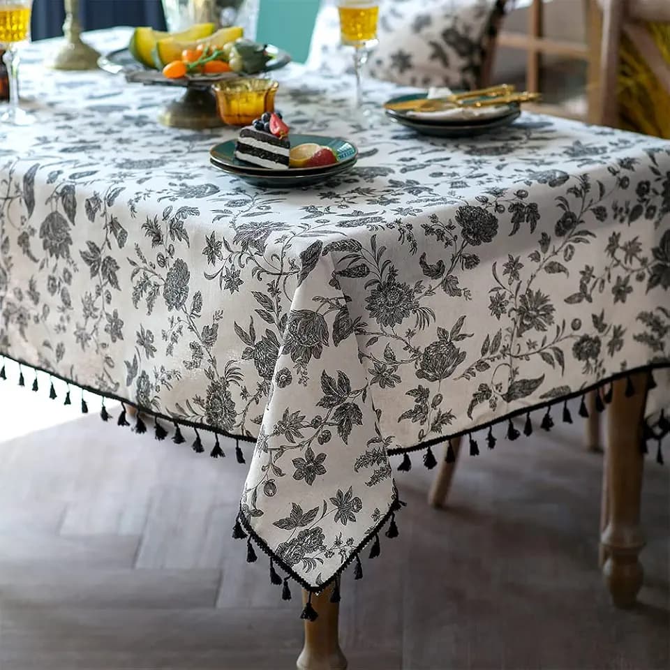 SUTAVIA Tablecloth Rectangle 52"x70" Black Flower Boho Tassel