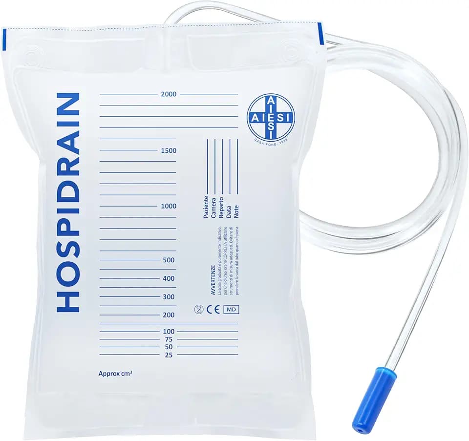 AIESI® Urinbeutel Bett 2 Liter mit Schlauch 120 cm ohne Ablaufhahn HOSPIDRAIN (Packung mit 25 Stück)