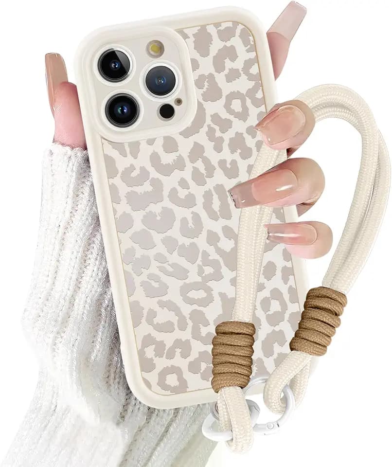 Coalbooliy Handyband Handyhülle für iPhone 14 Pro hülle 6,1'' mit Band Kette, Aesthetic Weißer Leopard Sommer Muster Mädchen Design mit Kordel zum Umhängen Cover Universelles Patch Silikon Case, 01