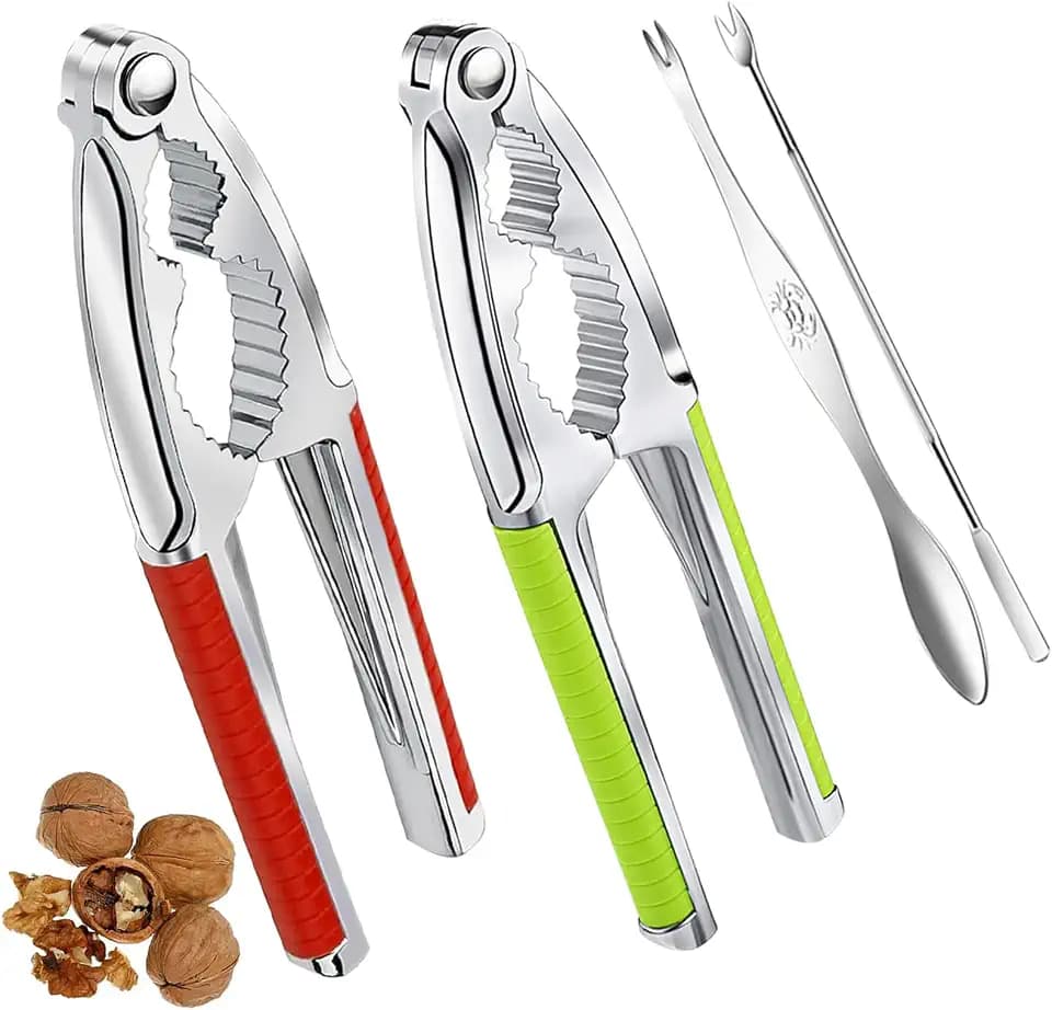Nut Cracker, 2-Pack Stainless Steel Nutcracker with Non-Slip Handle, for Walnuts, Pecans, Hazelnuts, Pistachio, Lobster & Crab Shells, Multi-Purpose Kitchen & Seafood Tool (Red and Green)
