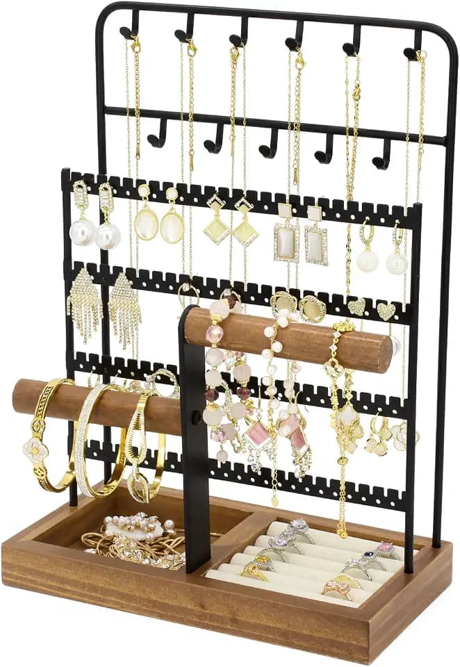 Jewelry Organizer Stand, Necklace Earring Holder with Tray-Black