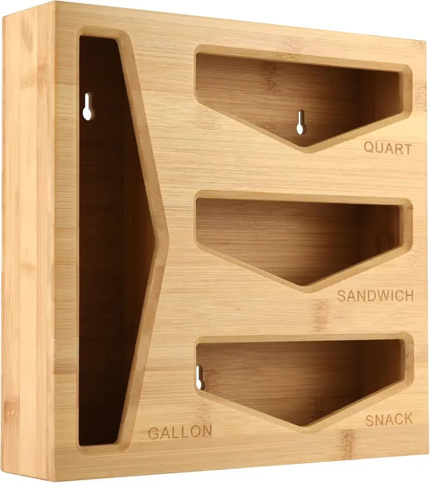 Bamboo Bag Storage Organizer for Kitchen Drawer, Baggie organizer, Compatible with Gallon, Quart, Sandwich and Snack Variety Size Bags (Natural Bamboo)