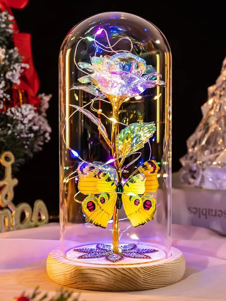 Beferr Birthday Gifts for Women Galaxy Glass Rose Forever Preserved Flowers for Delivery Light Up Rose in Glass Dome Mothers Day Butterfly Gifts for Mom Wife Grandma Her Daughter Girlfriend