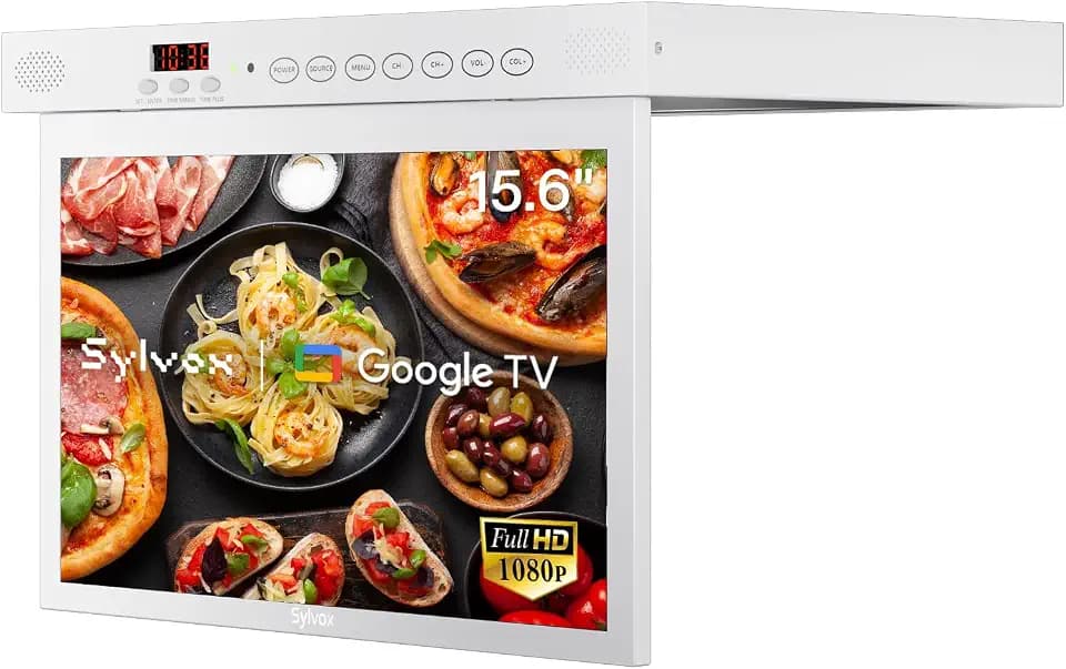 SYLVOX 15,6 Zoll Küchenfernseher mit Drehfunktion, Unterbau-Faltbarer Fernseher mit 1080P Smart Google TV, DVB-T2/S2, Wi-Fi, Bluetooth, 12V für Küche, Wohnmobil, RV Yacht, Schlafzimmer Weiß