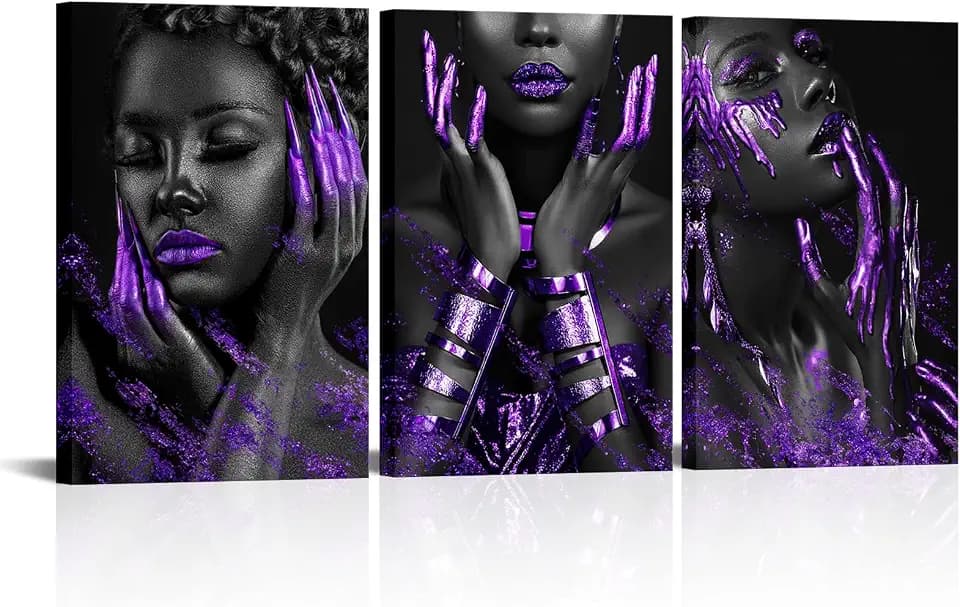 Conipit Large Purple Wall Art African American Woman Canvas Fashion Women Pictures Black Queen Portrait Painting Delicate Woman Artwork (16''x24''x3)