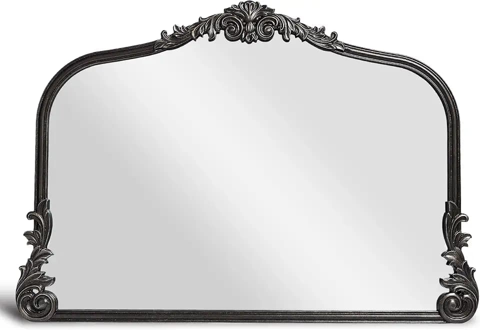 Wylde Iris English Estate Carved Arch Wood Wall Mirror, Mirror for Entryway, Living Room, Bathroom, Antique Silver, 26x37