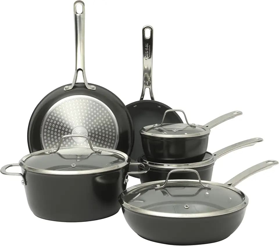 Sur La Table Kitchen Essentials Cool Commune Hard Anodized 10 Piece PFA Free Ceramic Non stick Interior Forged Durable Aluminum Pots and Pans Cookware Set - Black - Induction Compatible