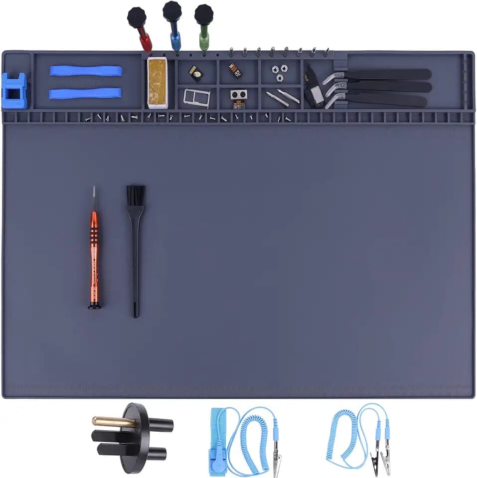 Premium Heat Resistant 932°F 20.9" x 13.5" Anti-Static Mat Includes Static Discharge Grounding Kit, HPFIX ESD Magnetic Electronics Work Mat for Computer Cell Phone Laptop Repair