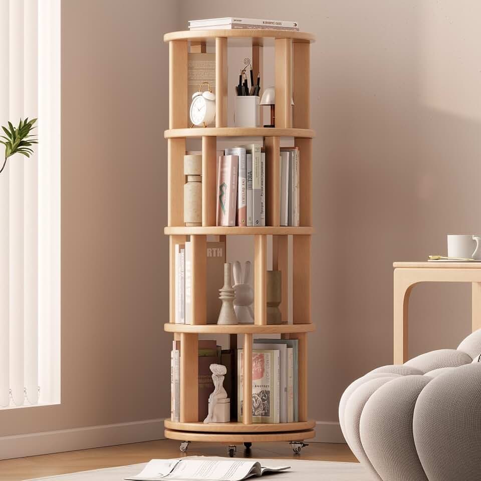 Muwuele 4 Tier Solid Wood Rotating Bookshelf Tower on Wheels, Natural