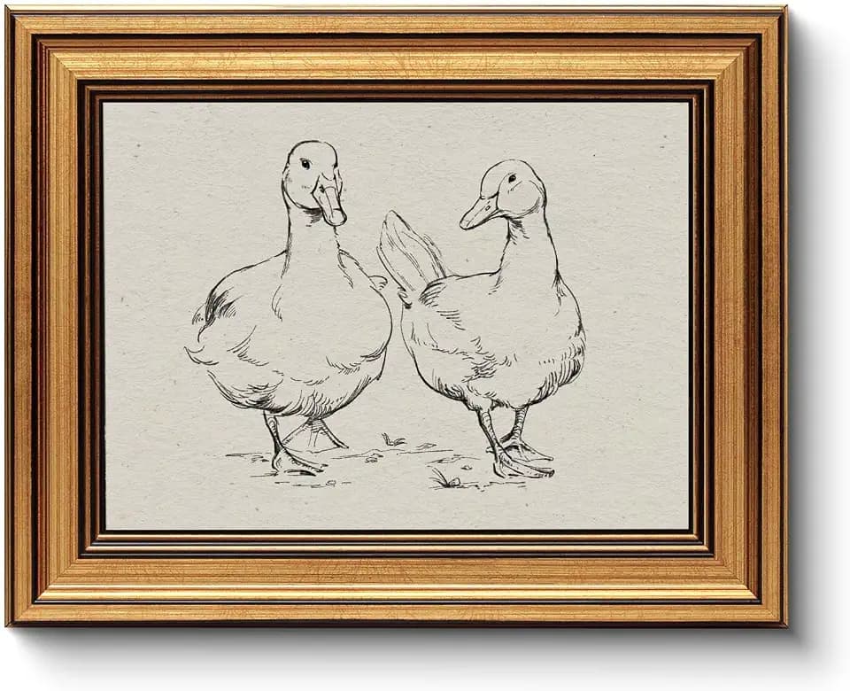 Vintage Black and White Ducks Sketch Framed Canvas Wall Art,12x16 Inch