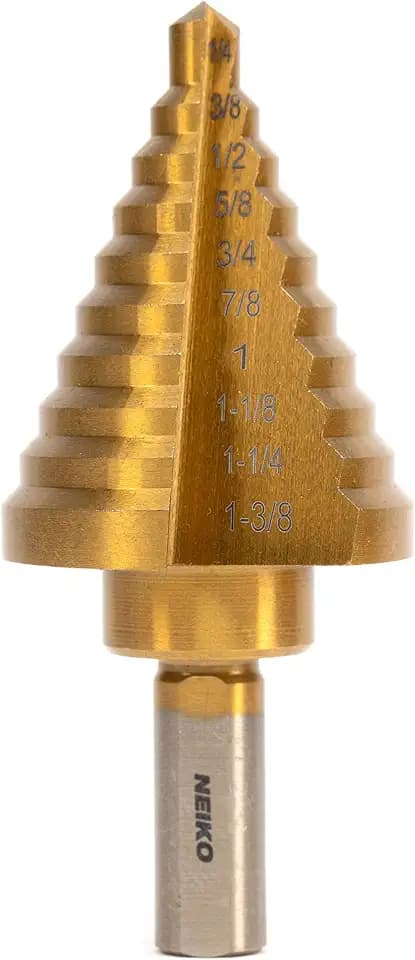 NEIKO 10194A Step Drill Bit, 10 Steps 1/4” to 1 3/8” Straight High Speed Steel, Titanium Nitride Coated, 3/8” Tri Flat Step Bits for Steel, Metal, Wood, Plastic, Unibit Cone Drill Bits, Two Flute