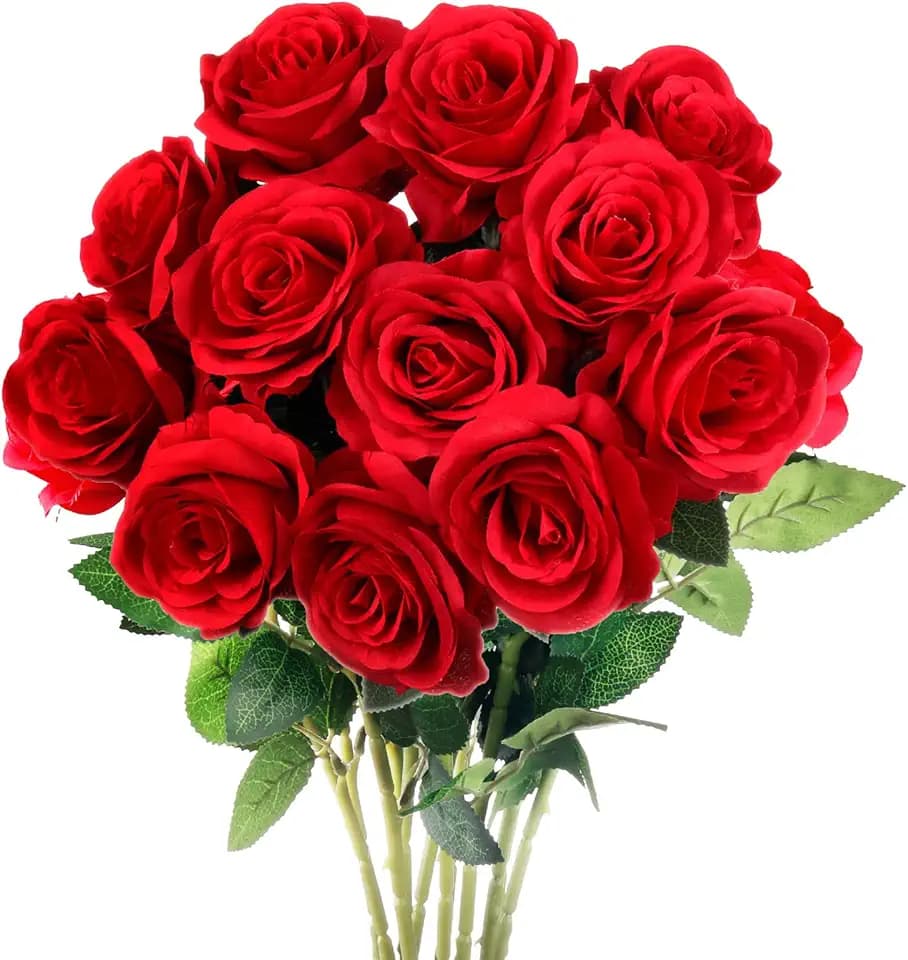 Mocoosy 12PCS Red Roses Artificial Flowers, Fake Roses with Long Stems Realistic Silk Rose Bouquets for Wedding Centerpiece Decorations, Faux Floral Arrangements Bridal Shower Party Home Table Decor