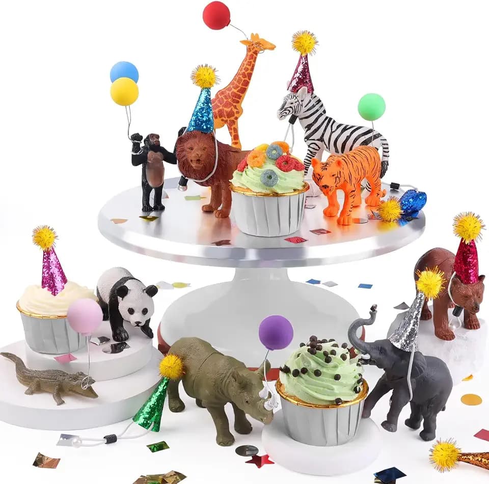 26 PCS Animal Cake Toppers with Safari Figurines, Hats & Balloons