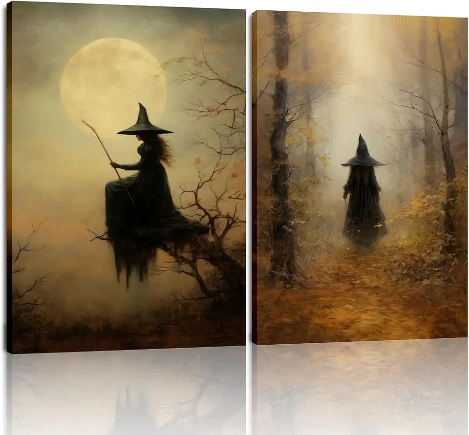 Framed 2 Pcs Vintage Witch Canvas Wall Art - Halloween Witchy Wall Decor - Gothic Decor Aesthetics, Creepy Witches Rustic Macabre Dark Artwork Prints for Living Room Bedroom 12x16 inch