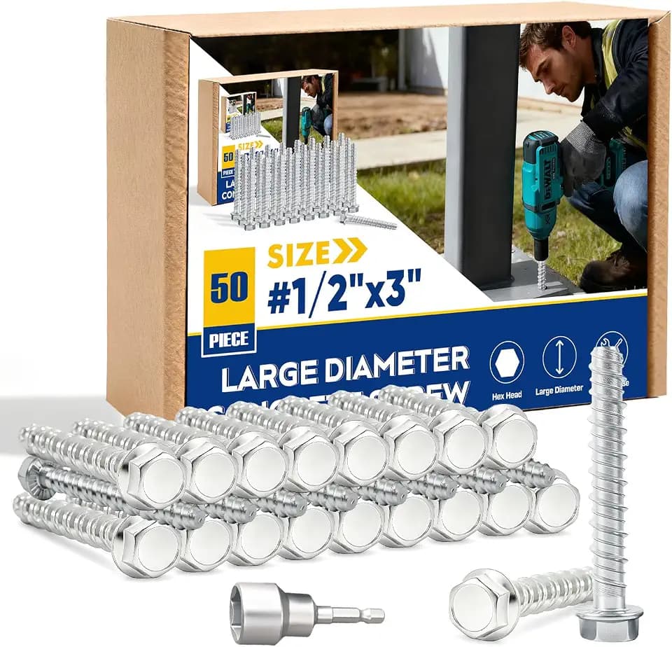 1/2" x 3" Large Diameter Concrete Screw 50 Pack - Heavy Duty Concrete Anchors, Masonry Screws for Brick, Block, Wood & Framing - Zinc Plated Hex Screws
