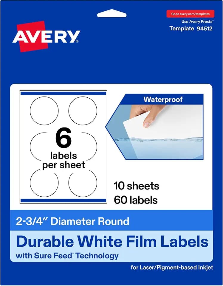 Avery® Printable Durable White Round Labels, Sure Feed® Technology, 2.75" Diameter, Print-to-the-Edge, Waterproof Labels, Laser & Pigment-Based Inkjet Compatible, 60 Total