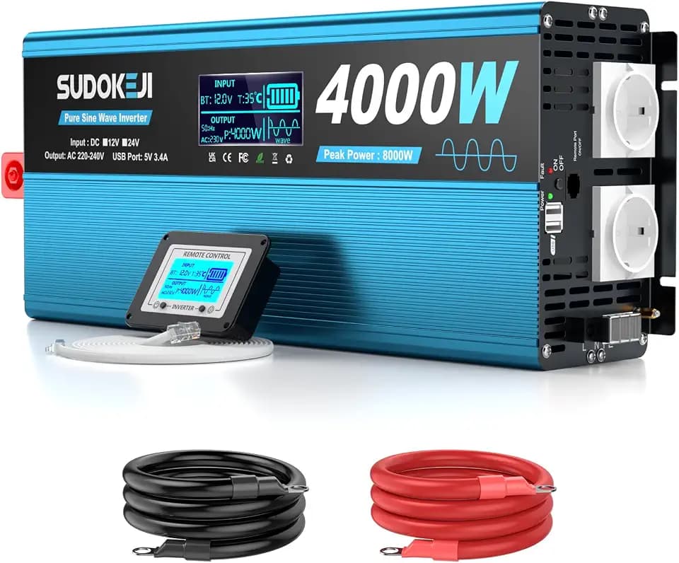 Wechselrichter 12V auf 230V Reiner Sinus 4000W Spannungswandler mit LCD-Bildschirm-Fernbedienung 2 EU-Steckdosen & 2 USB-Anschluss für Wohnwagen, Boot, Camping