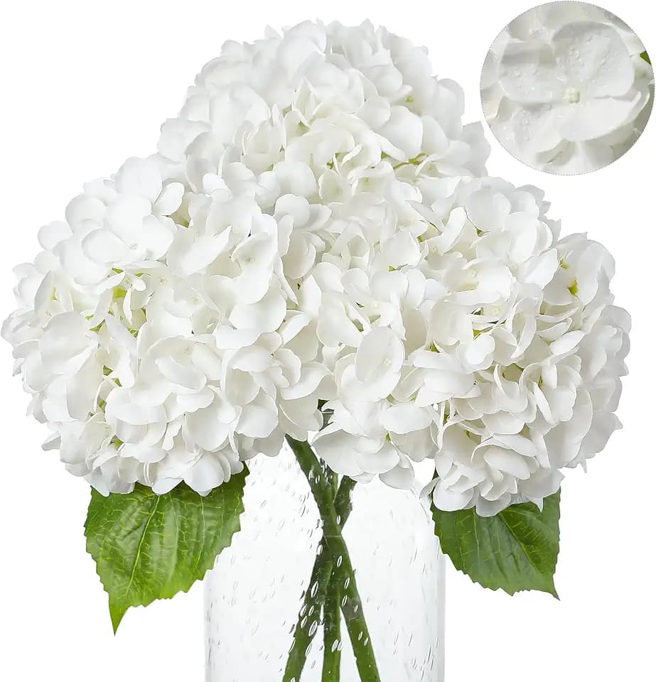 White Hydrangea Artificial Flowers 3Pcs 22In Real Touch Latex Flowers