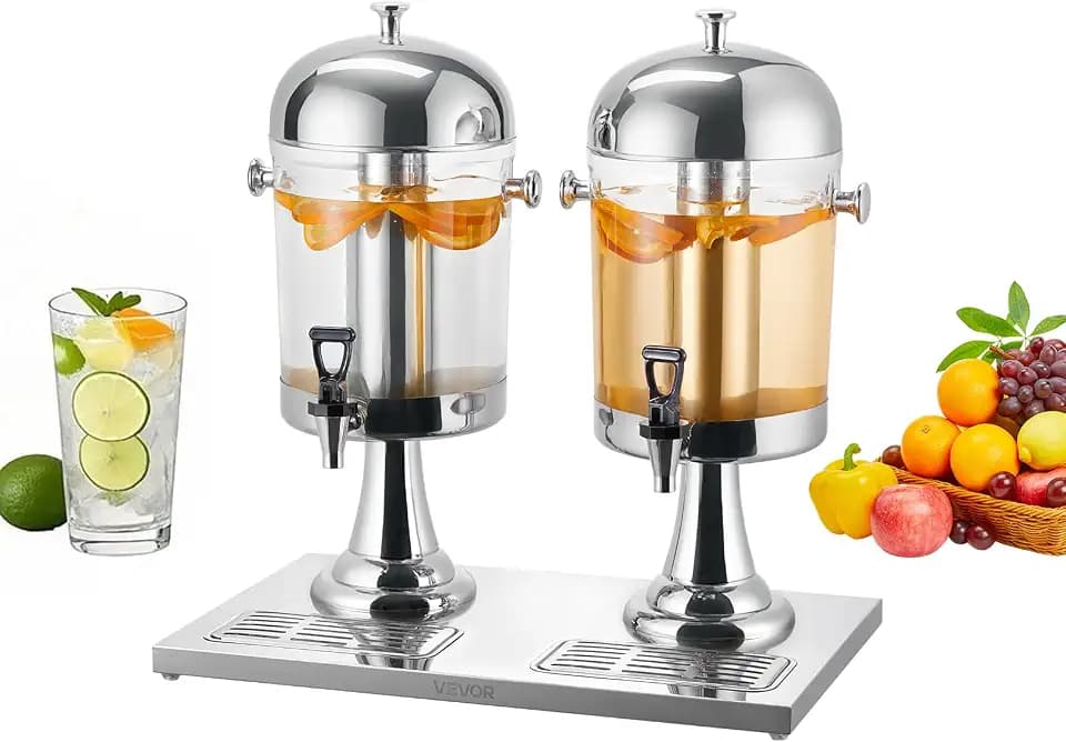 VEVOR Beverage Dispenser, 2.1 Gallon x 2 Drink Dispenser for Parties, Stainless Steel + Plastic Juice Dispensers with Spigot Ice Chamber Tray, Iced Tea Lemonade Dispensers, for Restaurants, Hotels