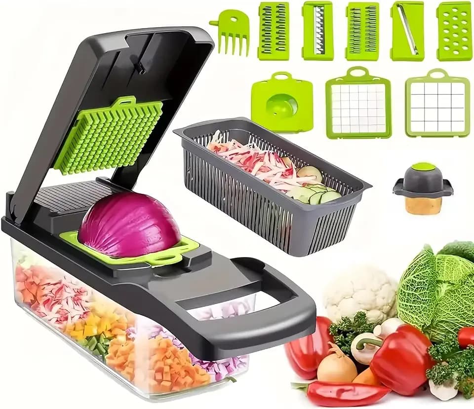 14-in-1 Vegetable Chopper with Container, Manual Onion Cutter, non-electric Food Veggie Chopper Mandoline Slicer, Vegetable Dicer for Cooking Enthusiasts Kitchen Gadgets Tools Multi-Blade
