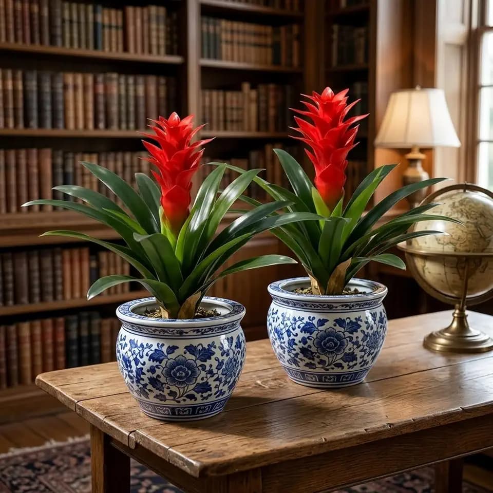 2 Pcs Artificial Bromeliad Flowers - UV Resistant Faux Tropical Plants
