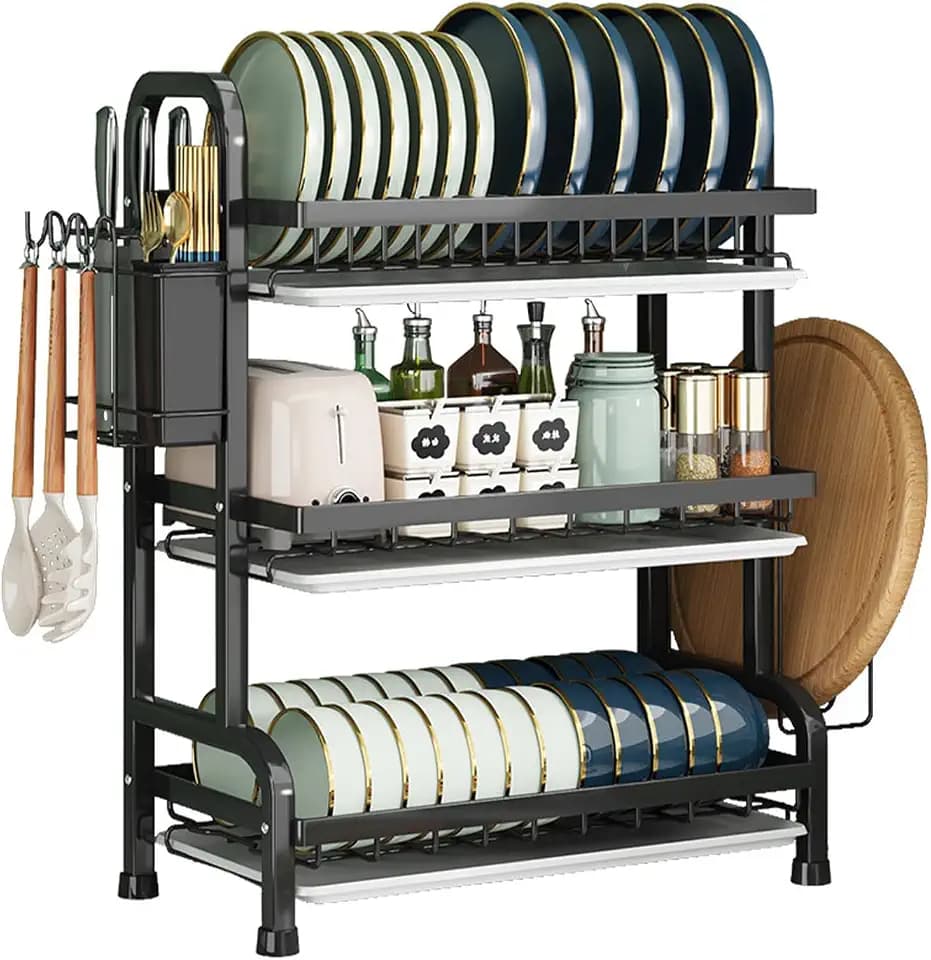 KUK 3 Tier Dish Drying Rack, Stainless Steel Over The Sink Dish with Drain Tray, Kitchen Dishes Drying Racks, Dish Racks for Kitchen Counter Storage (Black)