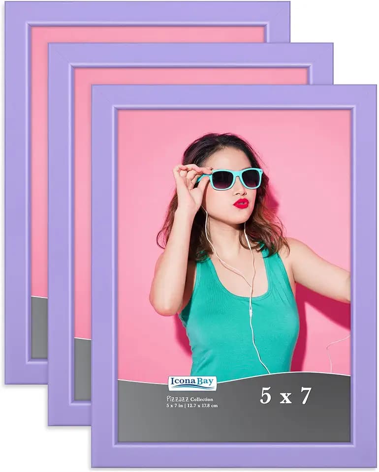 Icona Bay 5x7 Picture Frames (Purple, 3 Pack), Colored Solid Wood Scandinavian Style Frames for Photo, Pizzazz Collection