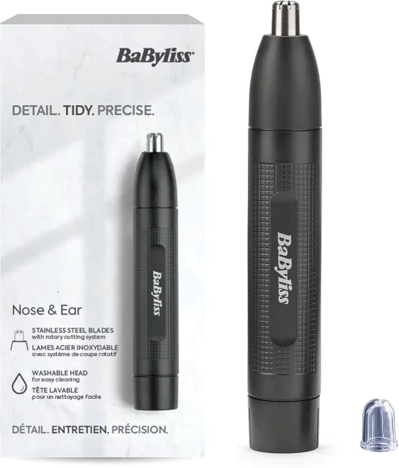 BaByliss Nasen- und Ohrenhaarschneider – Präzises 2-Klingen-System, batteriebetrieben, Edelstahl, leicht zu reinigen mit abnehmbaren Aufsätzen, Schwarz, E650E
