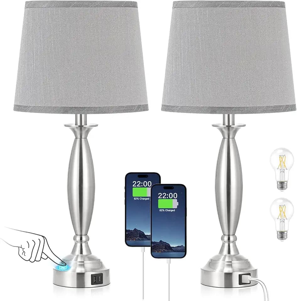 Bedroom Lamps for Nightstand, 3 Way Dimmable Silver Bedside Lamps with USB