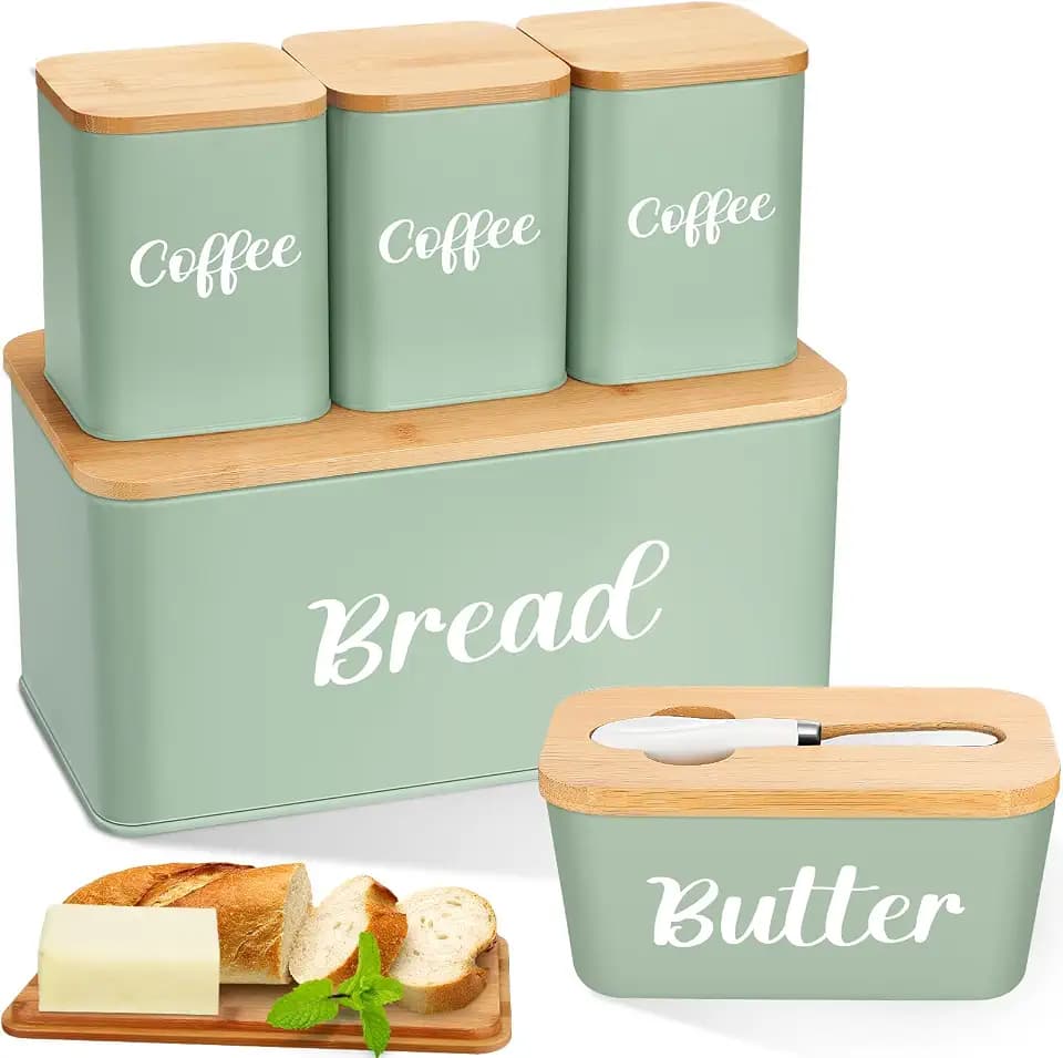5Pcs Metal Bread Box & Butter Dish & 3 Canisters for Kitchen Counter, Green