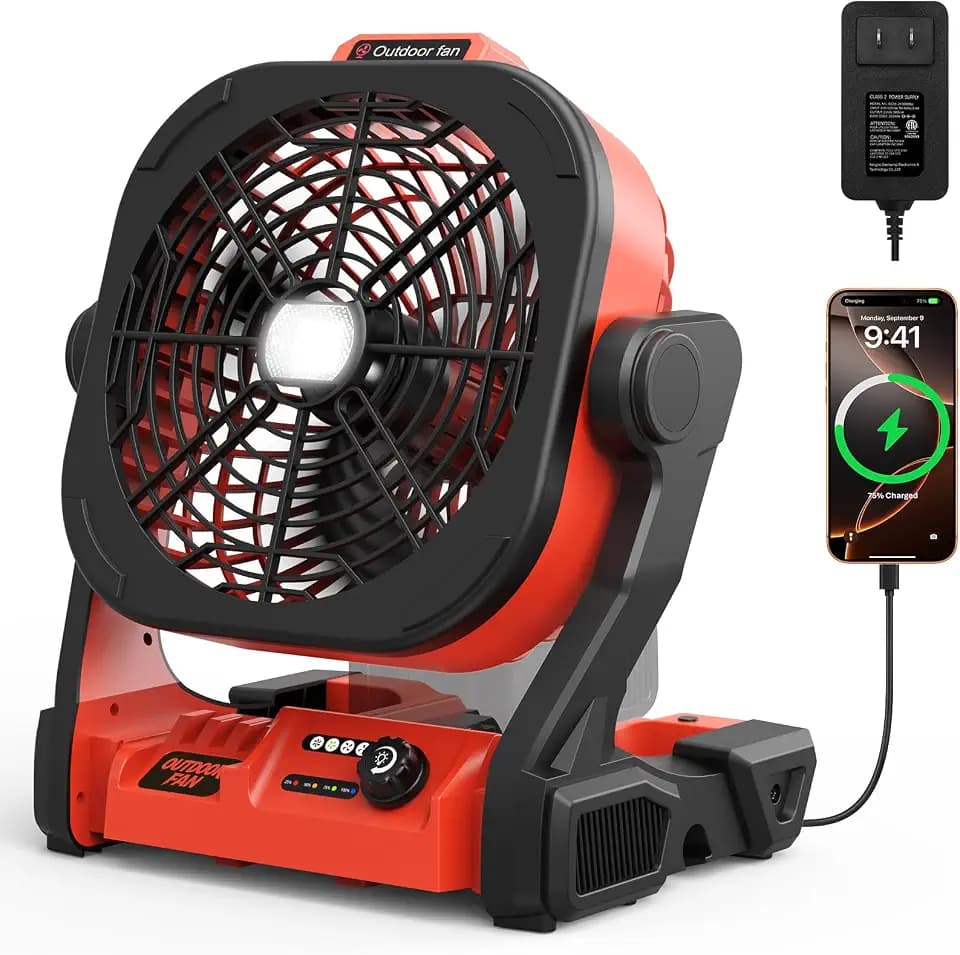 Battery Operated Fan for Milwaukee M18 battery, Portable Fan with USB A/C Charging & AC Adapter & LED Lights, 4 Speeds & Hook, Cordless/Camping/Battery Powered fan, for Outdoor Jobsite (No Battery)