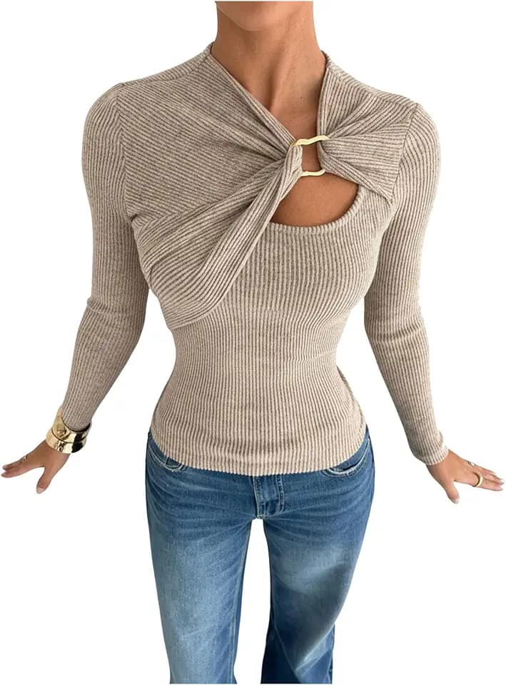 Verdusa Womens Long Sleeve Shirts Asymmetrical Tops Cut Out Going Out Knit Tops Slim Fit