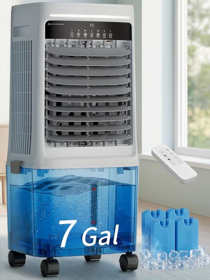 Uthfy 3000CFM Swamp Cooler, Evaporative Air Cooler with Dual Water Tanks for 30H Cooling, 120° Oscillating, Ambient Light, 7.0 GAL Detachable Water Tank, 12H Timer, 3 In 1 Indoor&Outdoor Cooling Fan