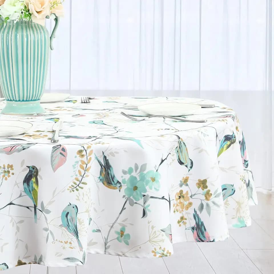 Leeva Waterproof Tablecloth, Green Bird Print, Spill-Resistant & Wrinkle-Free Fabric, 60 Inch Round Washable Table Cover for Kitchen, Dining, Picnic