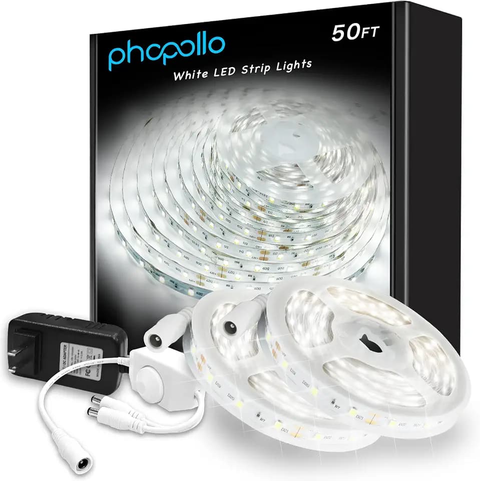 phopollo White LED Strip Lights, 50ft Dimmable 6500K Daylight, for Mirror