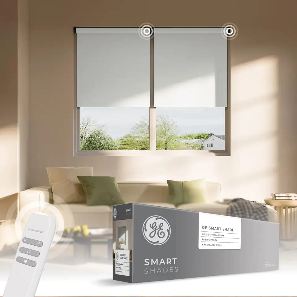 GE Smart Shades Motorized Roller Shade, Blackout White, 34 in, White