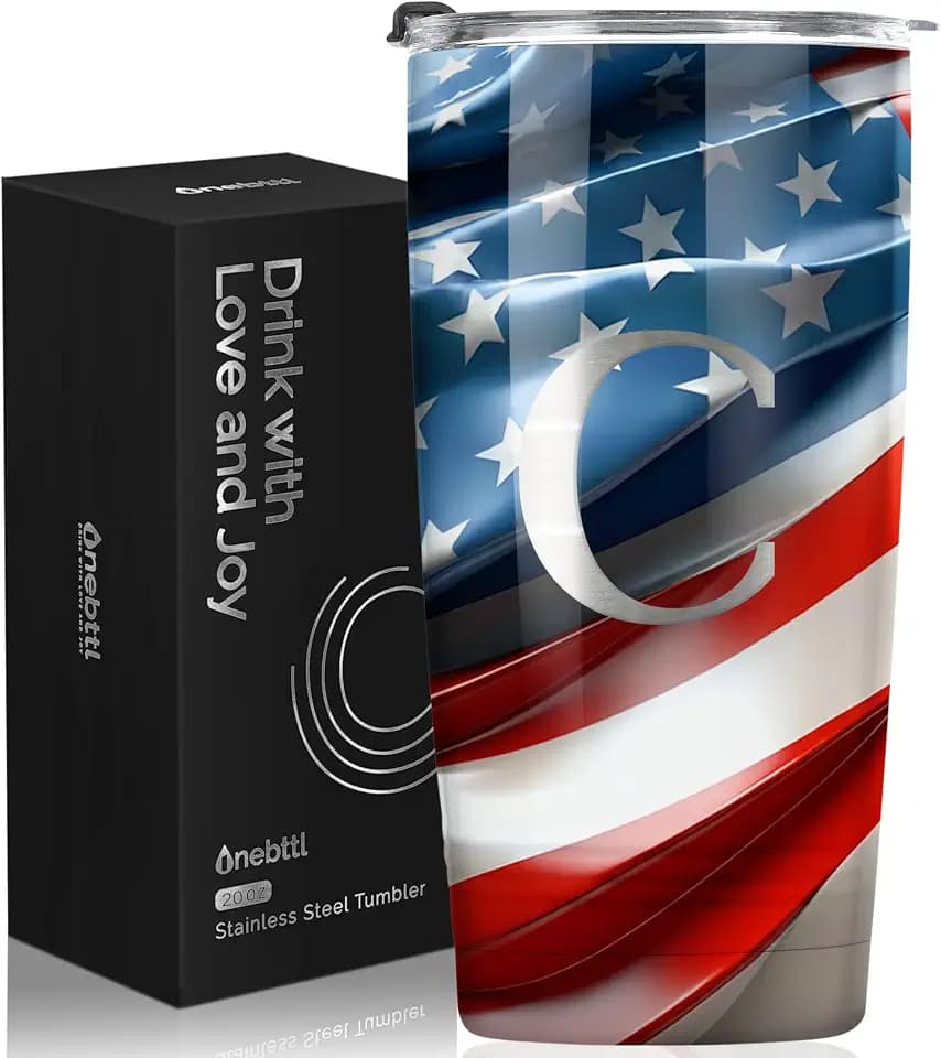 Onebttl Personalized Gifts for Men, Initial Birthday Gifts for Men, Grandpa, Uncle, American Flag Tumbler, 20oz Insulated Stainless Steel Tumbler - C