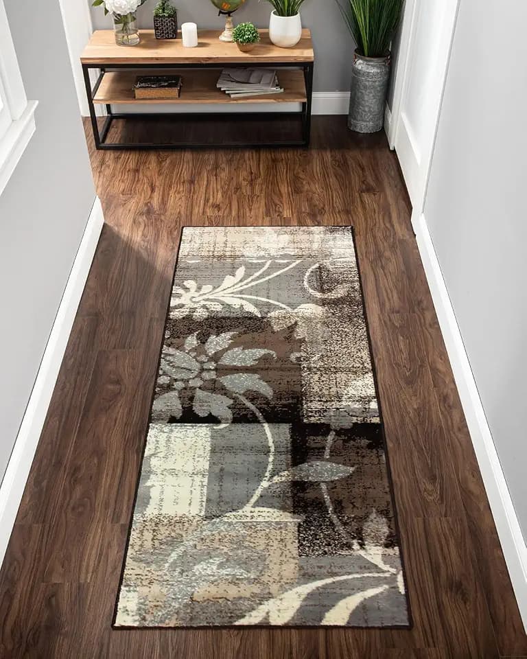 SUPERIOR Indoor Runner Rug, Plush Carpet Cover, for Hallway, Entryway, Dining, Office, Kitchen, Modern Floral Patchwork Decor, Pastiche Collection, 2' 7" x 10', Beige