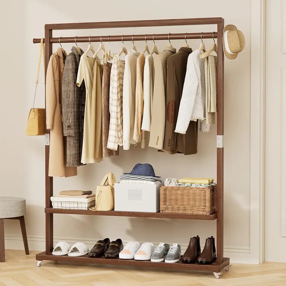 Wood Clothing Rack Solid Wood Clothes rack with Wheels 2 Shelves